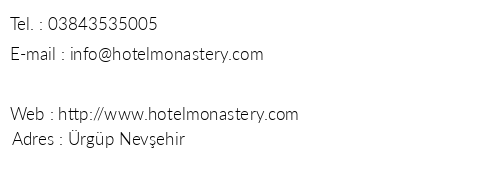 Monastery Cave Hotel telefon numaralar, faks, e-mail, posta adresi ve iletiim bilgileri